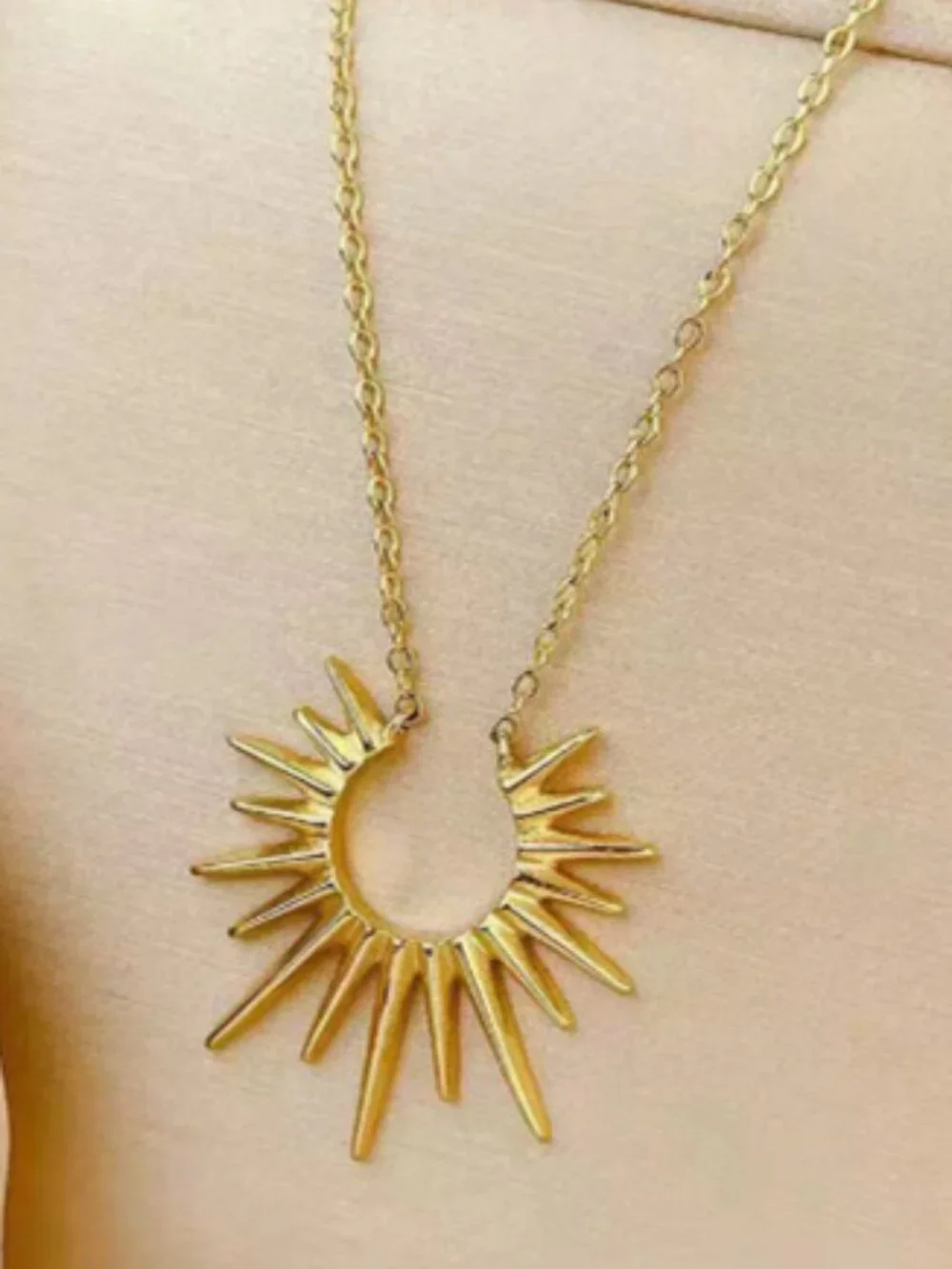 Gold Tone Hollow Sunburst Pendant Thin Chain Dainty Layering Necklace